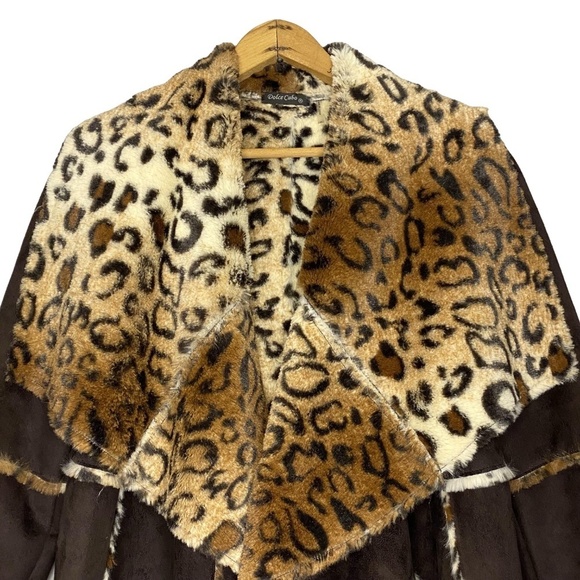 DOLCE CABO Leopard Print Brown Faux Fur Mobwife Waterfall Open Jacket S EUC - Picture 5 of 16